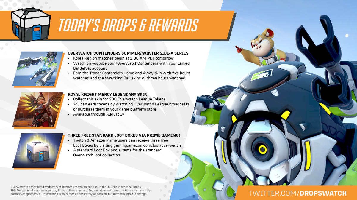 dropswatch's tweet photo. #Overwatch rewards for Saturday, August 6

#Contenders2022 - Earn Tracer &amp; Wrecking Ball skins
🇰🇷 at 2:00 AM PDT Tomorrow

#OWL2022 Royal Mercy Legendary Skin for 200 OWL Tokens

#AmazonPrime - Claim three standard Loot Boxes https://t.co/3aorJ6pTc3