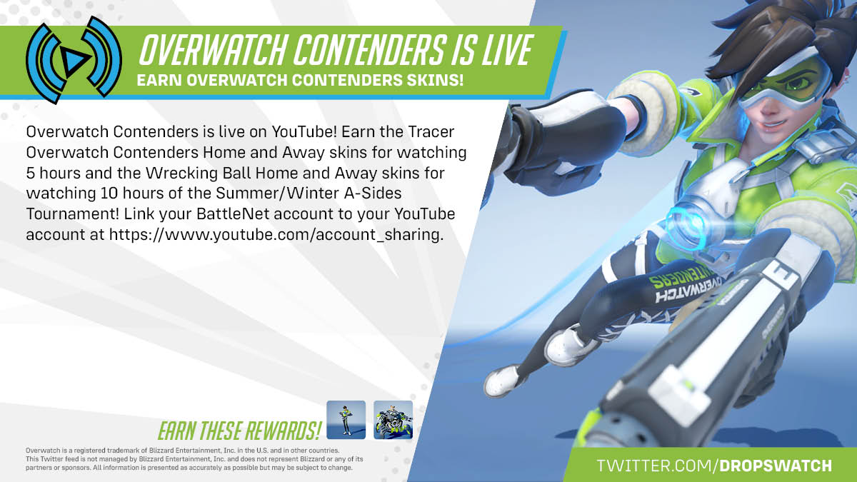 dropswatch's tweet photo. #Overwatch #Contenders2022 is now live! Watch 5 hours of the A-sides tournament series to earn the Tracer Contenders Home and Away skin. 10 hours for Wrecking Ball. Watch on YouTube or https://t.co/oY3cvI87LC with your linked BattleNet account! https://t.co/QEtijPAI92