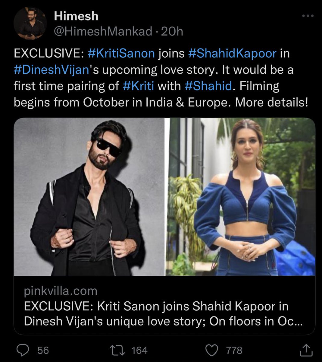 BollyPredicts's tweet photo. Double whammy!! 🔥🔥

@kritisanon paired opposite @shahidkapoor in #DineshVijan’s next rom-com. ✅✅✅ https://t.co/5dMb4f3cPs
