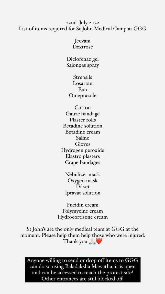 Supplies are needed at #GotaGoGama. All roads are blocked except for Baladaksha Mawatha.