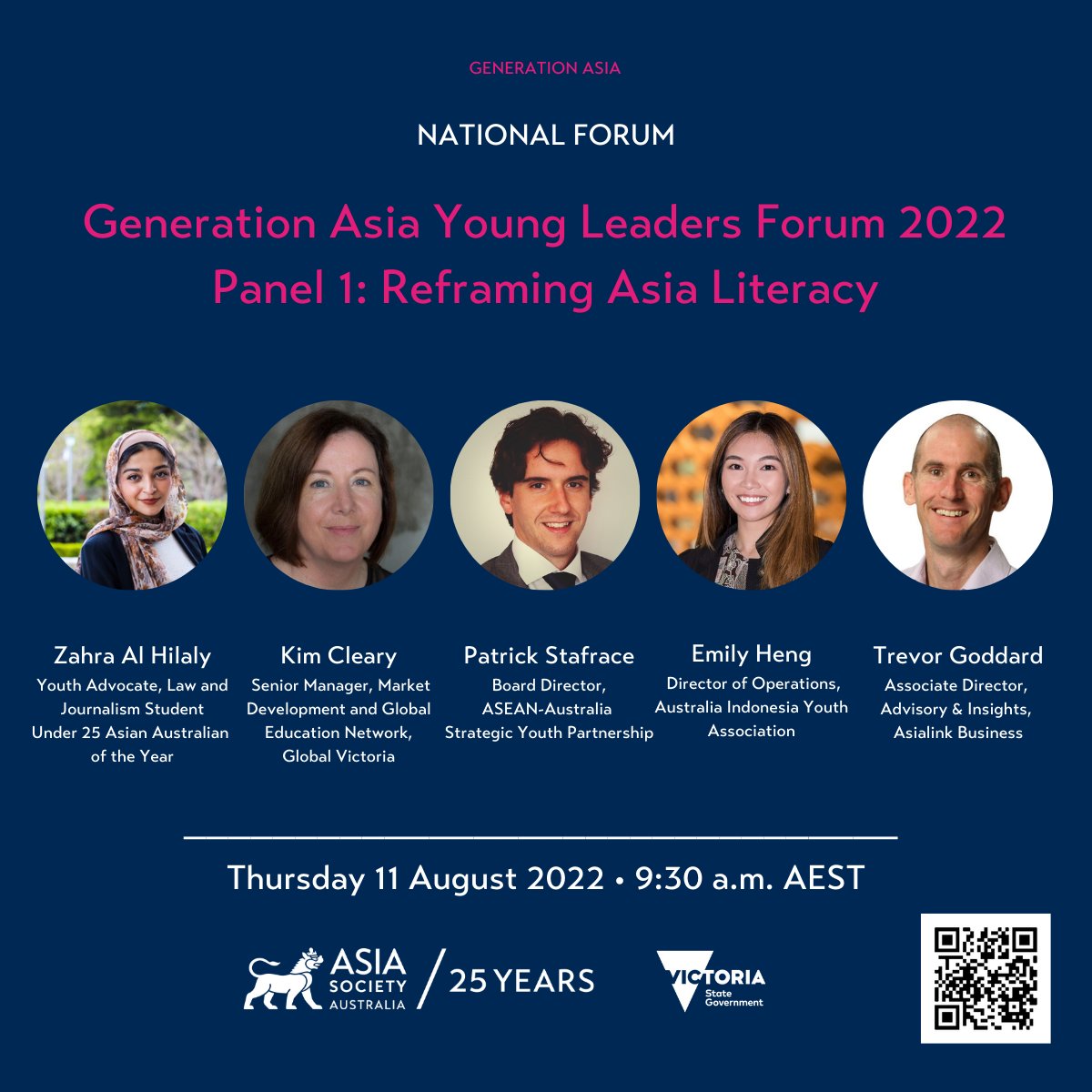 AsiaSocietyAus's tweet photo. Less than 3 weeks until #GenerationAsia #Young #Leaders Forum 2022.

We're proud to announce the first panel: @ZahraAlHilaly, Kim Cleary @Global_Vic, Emily Heng @aiya_national, @TW_Goddard @asiacapable and Patrick Stafrace @AusASEANyouth.

Sign up now: https://t.co/B4lZqmsKm8 https://t.co/WJ1IoIWn4q