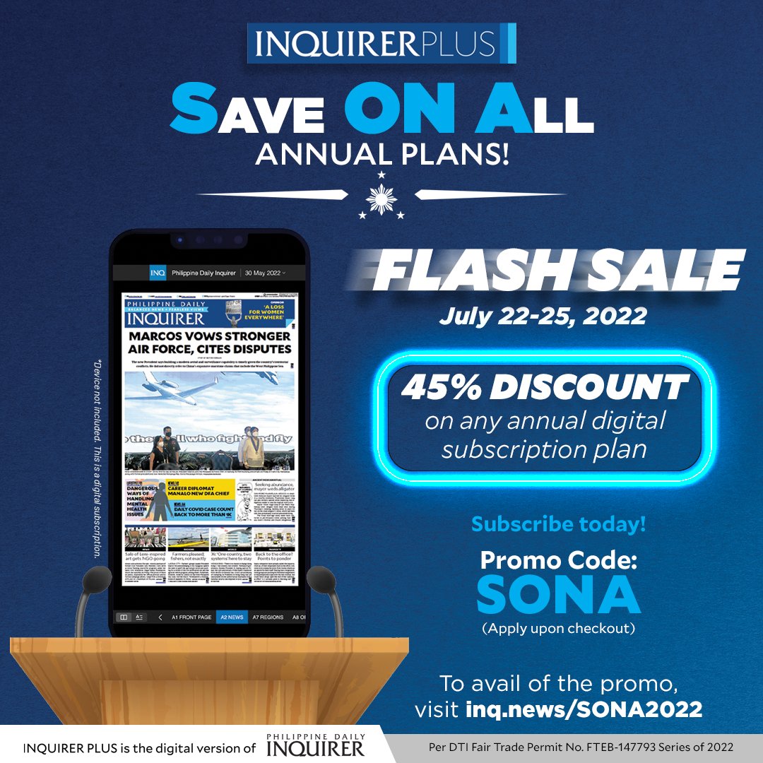 inquirerdotnet's tweet photo. Enjoy big savings when you subscribe during the promo period.
Subscribe now! https://t.co/3ZGBRclkRA
#InquirerPlus
#SONA2022
#digital promo https://t.co/z2XXFGgK7h
