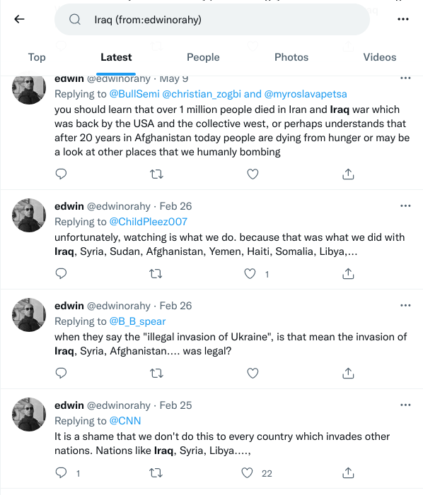Juno_Codes's tweet photo. @edwinorahy @FinancialTimes 🤡 Oh, you are so worried about all of these 4 countries you mentioned, that in 8 YEARS of your Twitter the first time you wrote something about each of them - was when fascist ruSSia invaded Ukraine.

All of your tweets "about 🇮🇶🇸🇾🇱🇾🇦🇫" are deflections from Ukrainian topic, bozo https://t.co/hD1230U4IE