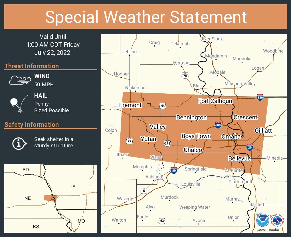 A special weather statement has been issued for Omaha NE, Council Bluffs IA and  Bellevue NE until 1:00 AM CDT