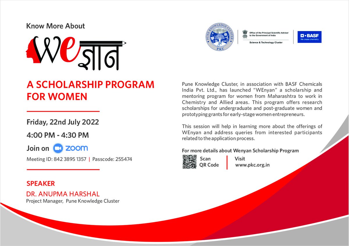 ClusterPune's tweet photo. TODAY at 4:00PM(IST)
5th #OpenSession on #KnowMoreabout #WENyan: #ScholarshipProgram
This #PreSubmission #mentoring session will cover:
🔸Offerings of the WEnyan Program
🔸Application process
🔸live doubt clearing
For Meeting details see flyer
@PrinSciAdvOff @BASF @ClusterPune https://t.co/eq4UFCBlpG