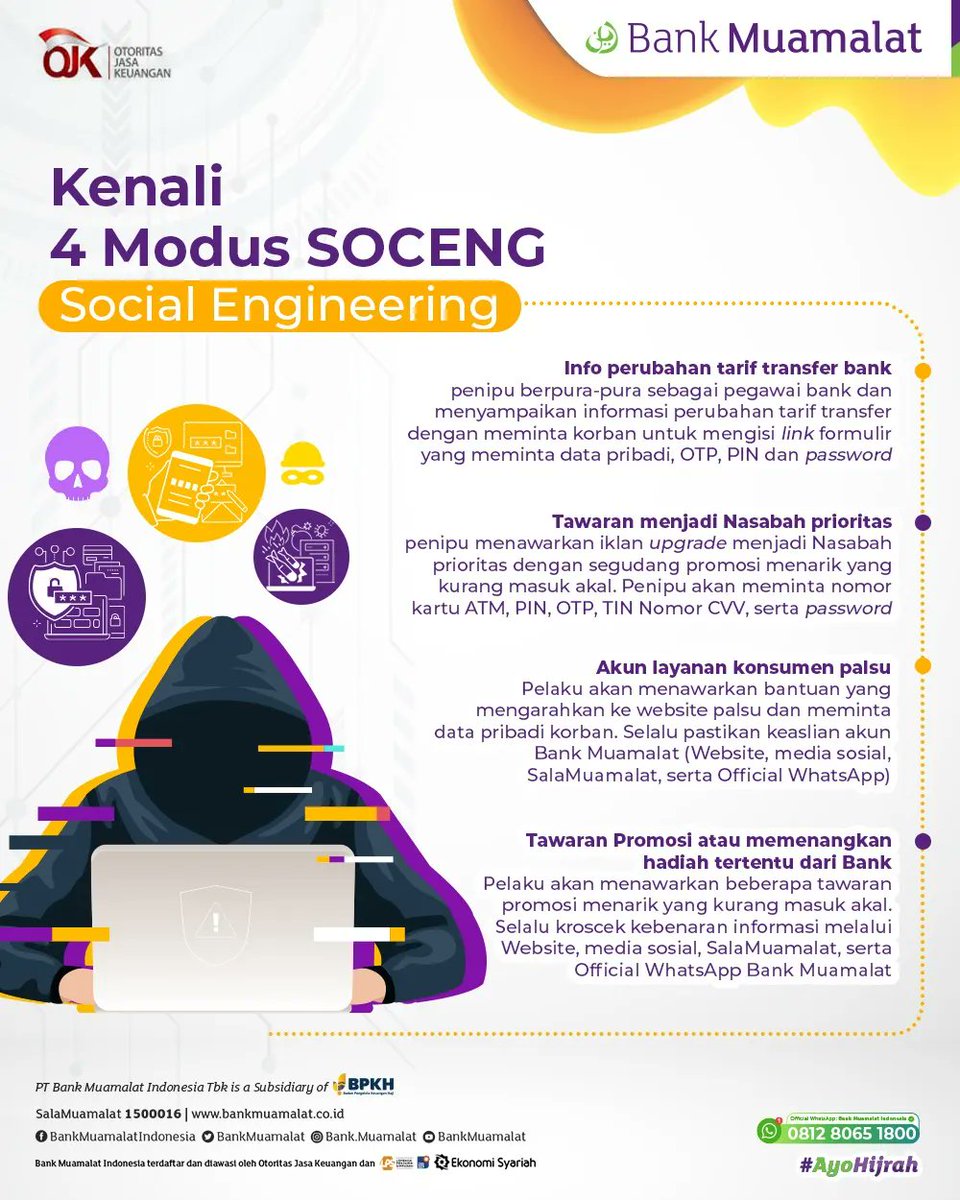 BankMuamalat's tweet photo. Assalamualaikum BMers!
Kejahatan dalam dunia perbankan saat ini makin marak, salah satunya melalui social engineering. Nah, agar kamu terhindar dari hal ini, yuk kenali 4 modusnya.
Tetap waspada dan berhati-hati agar setiap aktivitas perbankanmu Tetap aman.
#MuamalatTips https://t.co/VKrbKo5i5T