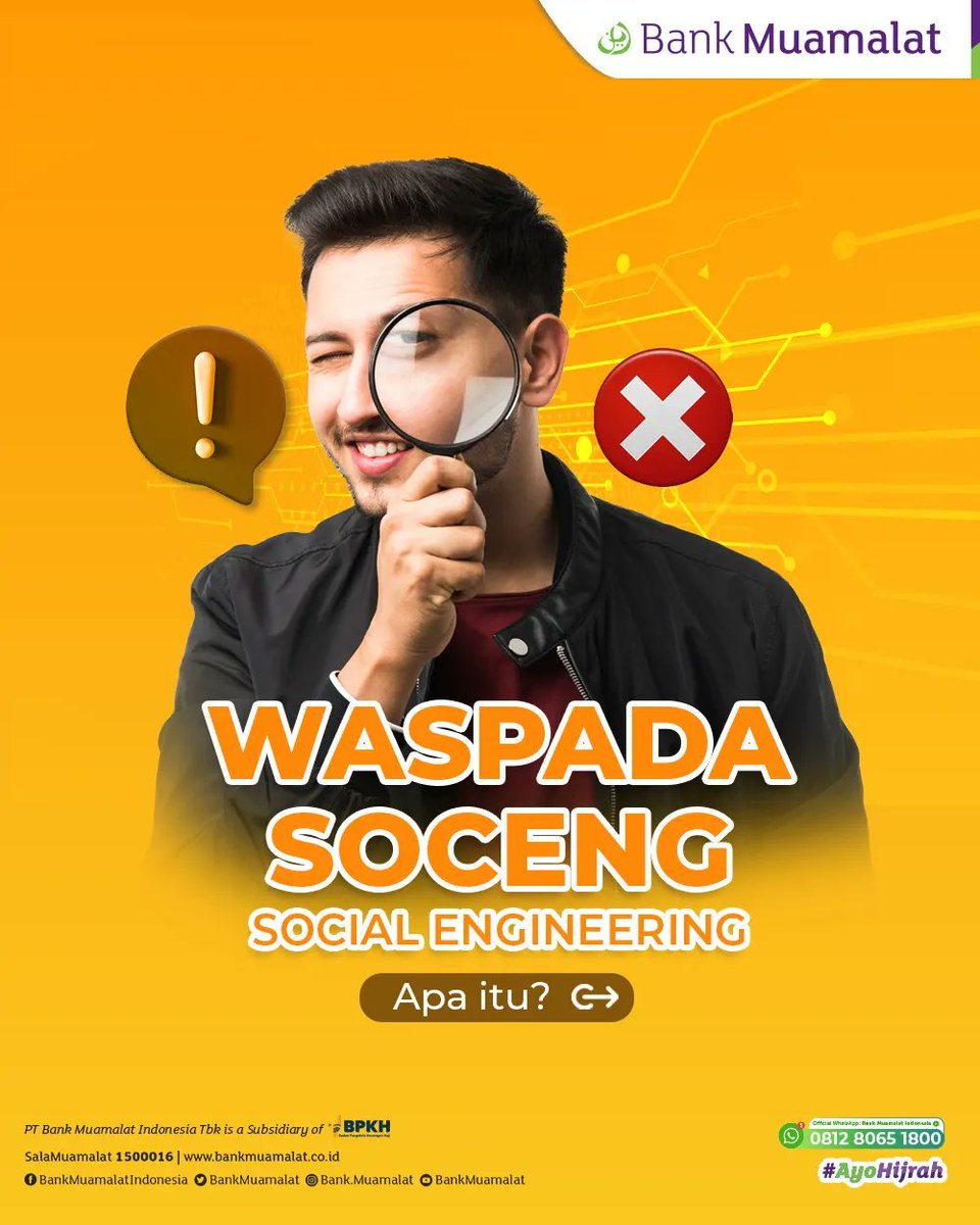BankMuamalat's tweet photo. Assalamualaikum BMers!
Kejahatan dalam dunia perbankan saat ini makin marak, salah satunya melalui social engineering. Nah, agar kamu terhindar dari hal ini, yuk kenali 4 modusnya.
Tetap waspada dan berhati-hati agar setiap aktivitas perbankanmu Tetap aman.
#MuamalatTips https://t.co/VKrbKo5i5T