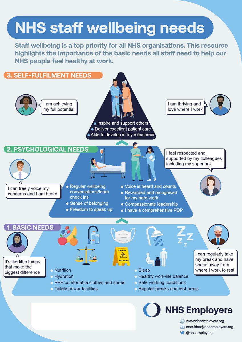 Wellbeing poster from NHS Employers. As you review take on board the ideas as consistent leadership actions rather than momentary support service interventions - wellbeing is more than occasional free pizza...