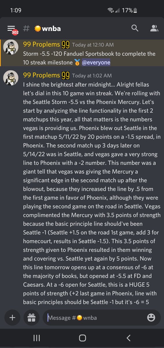 99Proplems's tweet photo. I know it's 1 am eastern time, but I did my homework and promised ya'll our next WNBA play to cap off our 10 game winning streak 🔥. Our private members are sitting on a 9-0 run and we want this one so bad. 

Seattle Storm -5.5 -120 FD 🚨
#GamblingTwitter
#HereComesTheTrain 🚂💨 https://t.co/MBNWjQn8bH