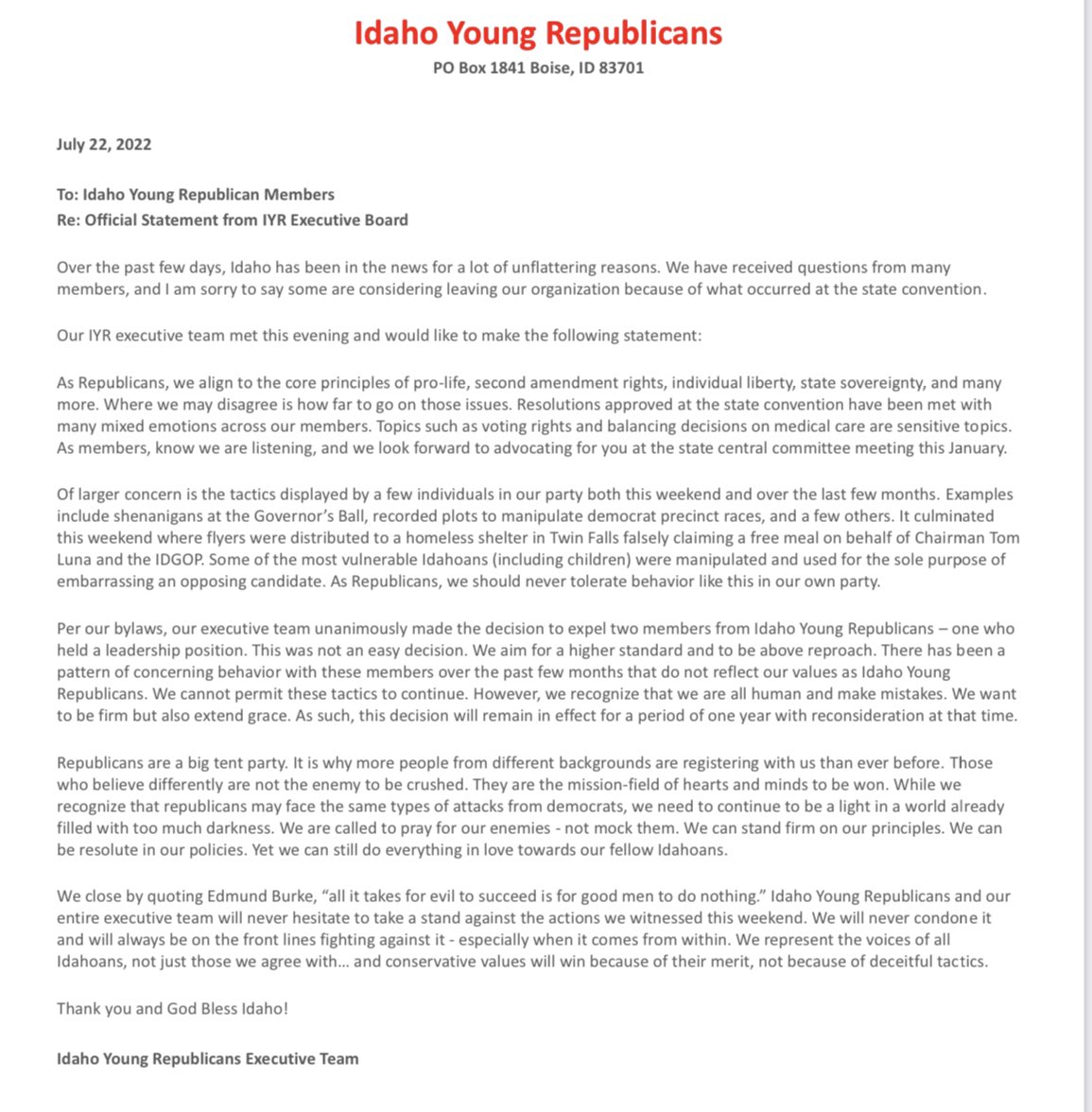 idahoyr's tweet photo. Official Statement from the Idaho Young Republicans Executive Team: https://t.co/eblHwVmtQv