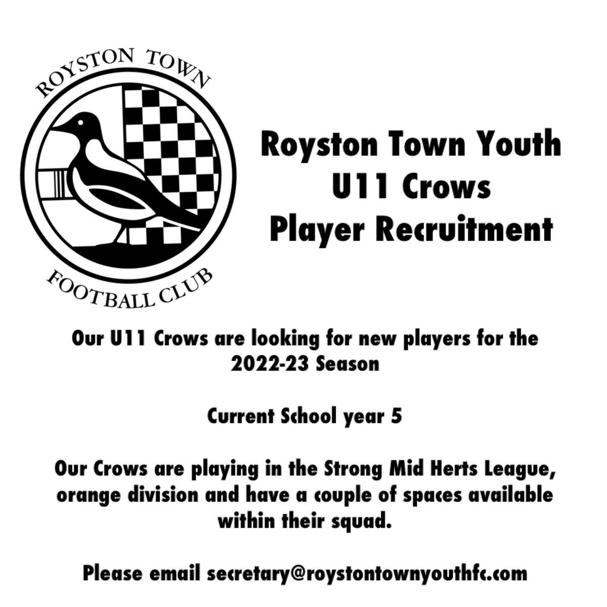 Our U11 Crows will be hosting open training sessions on Tuesday 16th July and Tuesday 2nd August

Email secretary@roystontownyouthfc.com for more information

🖤🤍⚽️

RTs appreciated

<a href="/KJARSchool/">King James Academy Royston</a> <a href="/RoystonTownFC/">Royston Town FC</a> <a href="/KJARPESPORT/">King James Academy Royston PE and School Sport</a> <a href="/HertfordshireFA/">Hertfordshire FA</a> <a href="/midhertsrml/">MHL</a> 
<a href="/RoystonHerts/">We ❤️ Royston</a>