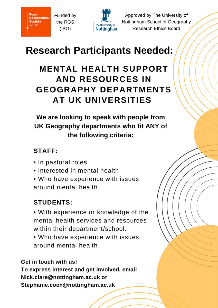 📢 Calling UK geography staff &amp; students! We're undertaking a qualitative study into mental health supports and resources across UK geography departments and we'd love to hear from you! Participation involves a ~30min interview during July/Aug. Details below👇. Pls share widely!