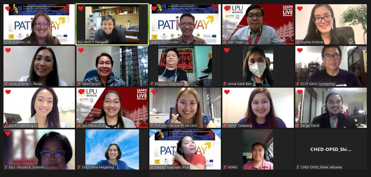 pathway2employ's tweet photo. PATHWAY Virtual Coordination Meeting
July 21, 2022
.
Lovely to see everyone interacting during the online meeting. Status and updates of the different work packages were discussed by project partners from Spain, France, and the Philippines.
#pathway2employability https://t.co/phNrjncBFN