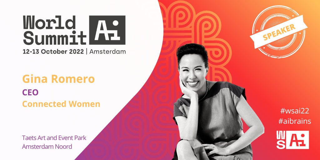 Announcing #AIBrain 📣 <a href="/gina_romero/">Gina Romero</a>, CEO &amp; Co-founder of <a href="/connectedwomen/">Connected Women</a> is joining us in Amsterdam for #WSAI22! 

Hear from Gina at the Fireside Chat, Disenfranchised: no-code and accessible #AI at #TheTalentLab this October 👉hubs.li/Q01hm74h0