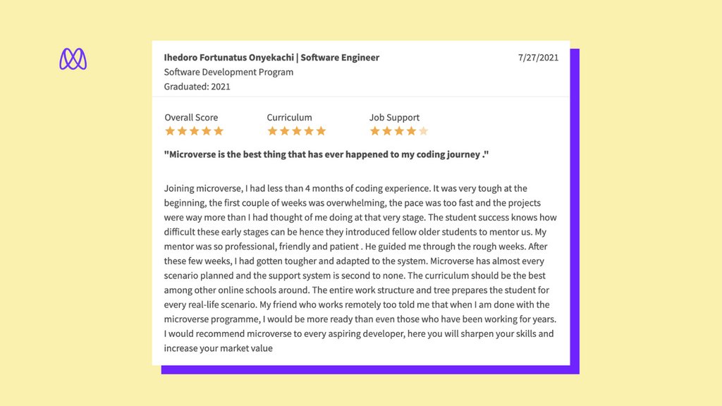 microverseinc's tweet image. &quot;Microverse is the best thing that has ever happened to my coding journey.&quot;🙌 

We love hearing about our student&apos;s experiences at Microverse. Here&apos;s what Microverse student Ihedoro had to say about the program👇 

#learnwithmicroverse #programmingisfun #codinglife