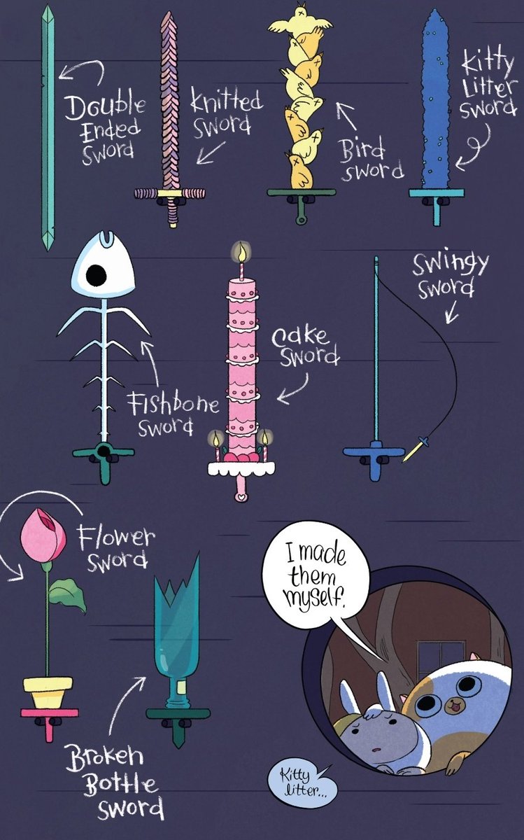 WithCakeTheCat's tweet photo. ❝Giiirl what kinda sword are you lookin' to swang?! 

Got a fine selection here, made by y'alls truly of course. Bird sword, Swingy sword, cake sword even got a kitty litter sword if you're really looking to ruin someone's day!❞ https://t.co/0tkgH8SLhC