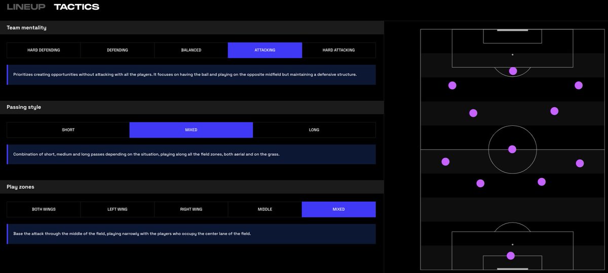 New features added every week! In tactics, you can now choose your teams mentality, passing style and play zones.

TM: hard defending, defending, balanced, attacking, hard attacking

PS: short, mixed, long

PZ: both wings, left wing, right wing, middle, mixed

#Metasoccer #NFT