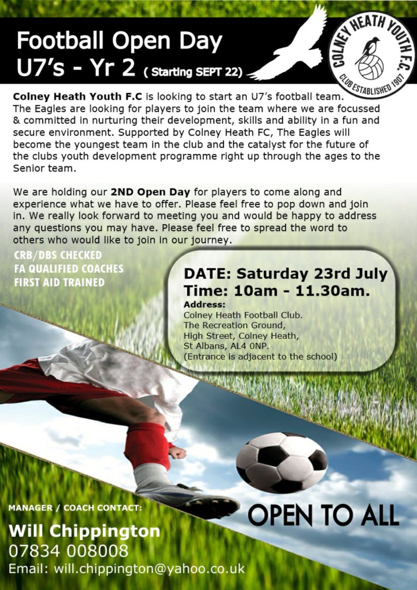 Colney Heath Youth Open Day for Next season U7(yr2) footballers to join our new team.... if interested please attend at 10am .. we look fwd to seeing you ⚽️⚽️
<a href="/Colneyheathyfc/">Colney Heath Youth</a> 
<a href="/child_gavin/">Gavin Child #MUFC 🇬🇧🇬🇧</a> 
<a href="/ColneyHeathFC/">Colney Heath FC</a> 
@CHFCU15EJA 
<a href="/TonyKav_/">Tony Kavanagh</a> 
<a href="/colneyheathRES/">Colney Heath FC Res</a> 
Please retweet