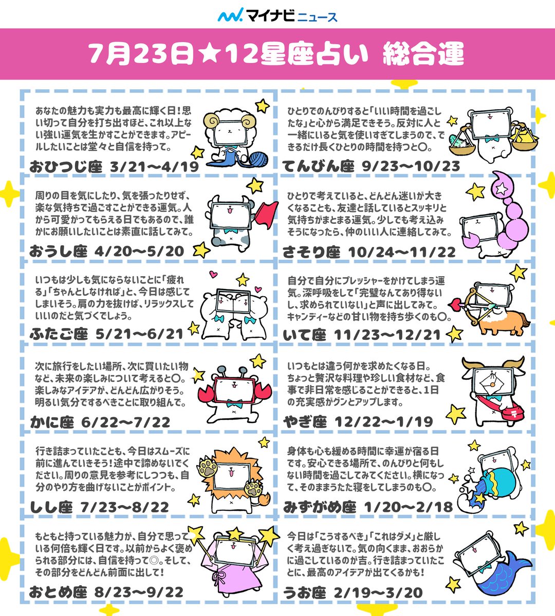 マイナビニュース S Tweet 7月23日 12星座占い ランキング 今日のあなたの運勢は 1位 おひつじ座 2位 おとめ座 3位 おうし座 恋愛運 金運 仕事運 健康運など 詳しい内容はこちら 今日の運勢 今日の占い 総合運 恋愛運 金運 仕事運 マイナビニュース S Tweet 7月23日 12星座占い ランキング 今日のあなたの運勢は 1位 おひつじ座 2位 おとめ座 3位 おうし座 恋愛運 金運 仕事運 健康運など 詳しい内容はこちら 今日の運勢 今日の占い 総合運 恋愛運 金運 仕事運