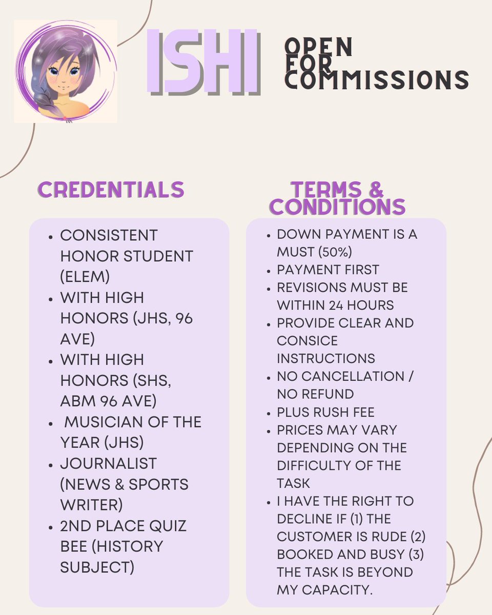 Hello commstwt, I am Ishi an academic commissioner. Please do consider me to help you in your tasks. Kindly refer on the pictures below for more details. Don't hesitate to dm me, My dms are always open. 

[likes and retweets are highly appreciated] 
#commstwt #commissionsopen