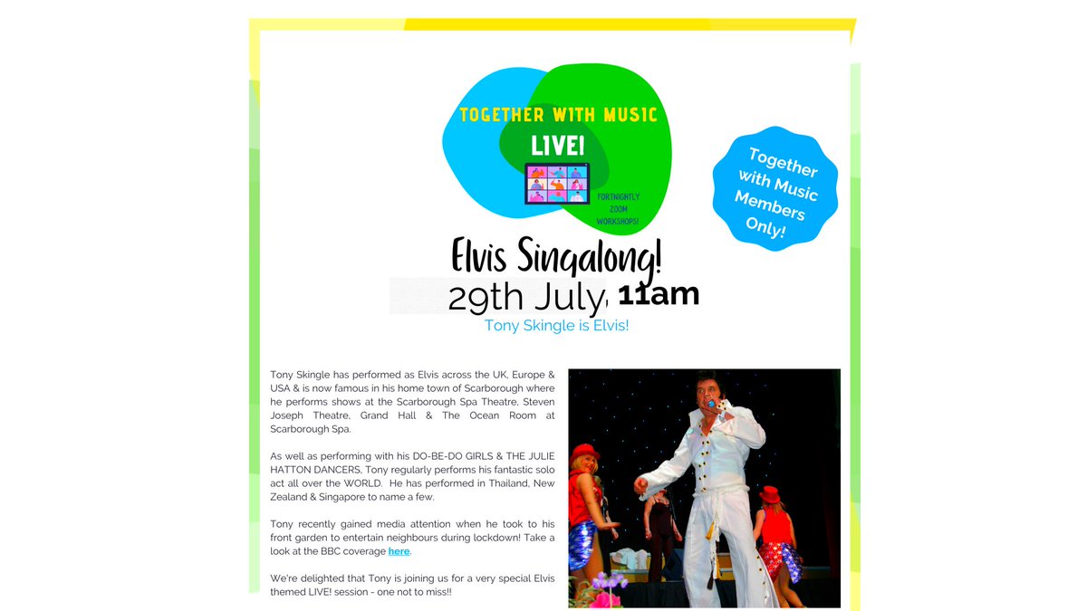 🌞 Our Free Summer Events for members starts with a good one this Friday as we revisit one of our favourite live sessions - an Elvis Sing-A-Long with <a href="/TONYSKINGLE/">TONY SKINGLE</a>

Head to the members zone on our website to book. 

What songs are you looking forward to hearing? 

<a href="/IMMmusicUK/">Intergenerational Music Making</a>