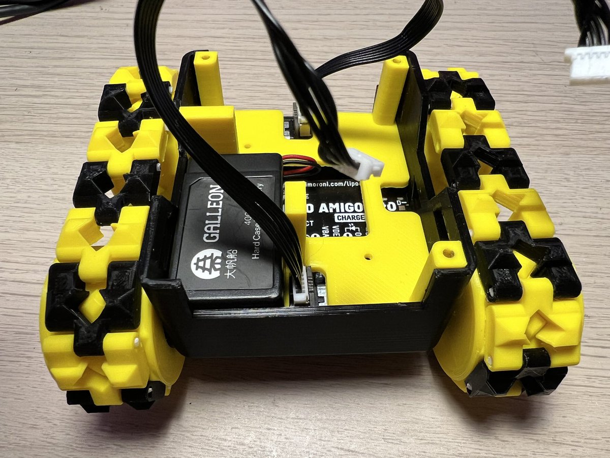 kevsmac's tweet photo. Some more SMARS inventor photos; you can see the @pimoroni LiPo Amigo Pro at the bottom, next to the MMME motors. The next layer has the Galleon battery and cables attached. #smars #robot #micropython #robotics #raspberrypi https://t.co/VYxT3H2sn2