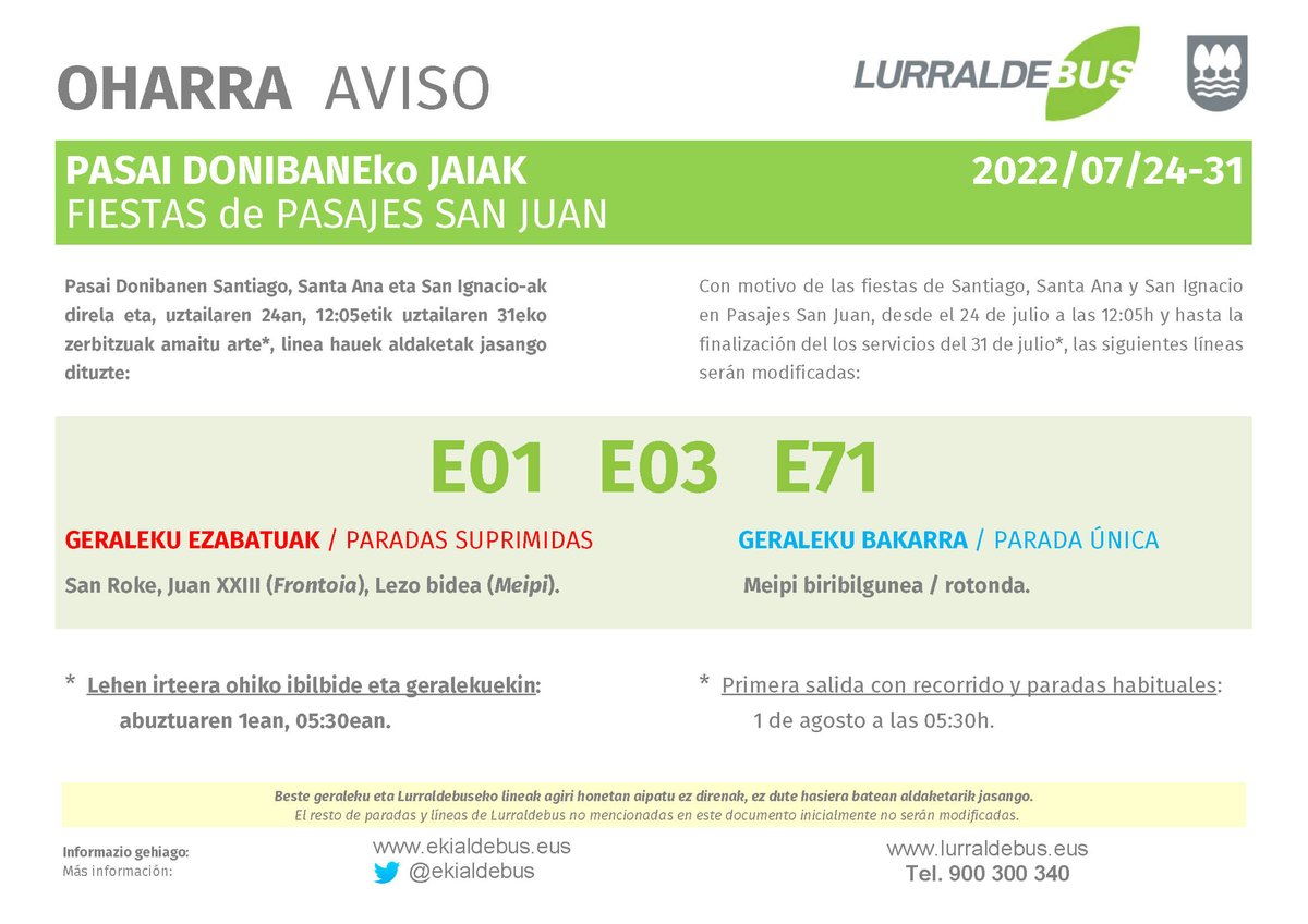 Lurraldebus's tweet image. 📆Del 24 al 31 de Julio. 

📢#Pasai San Juan Fiestas

➡ los servicios de Lurraldebus tendrán cambios de paradas. 

🚌E01 E03 E71
