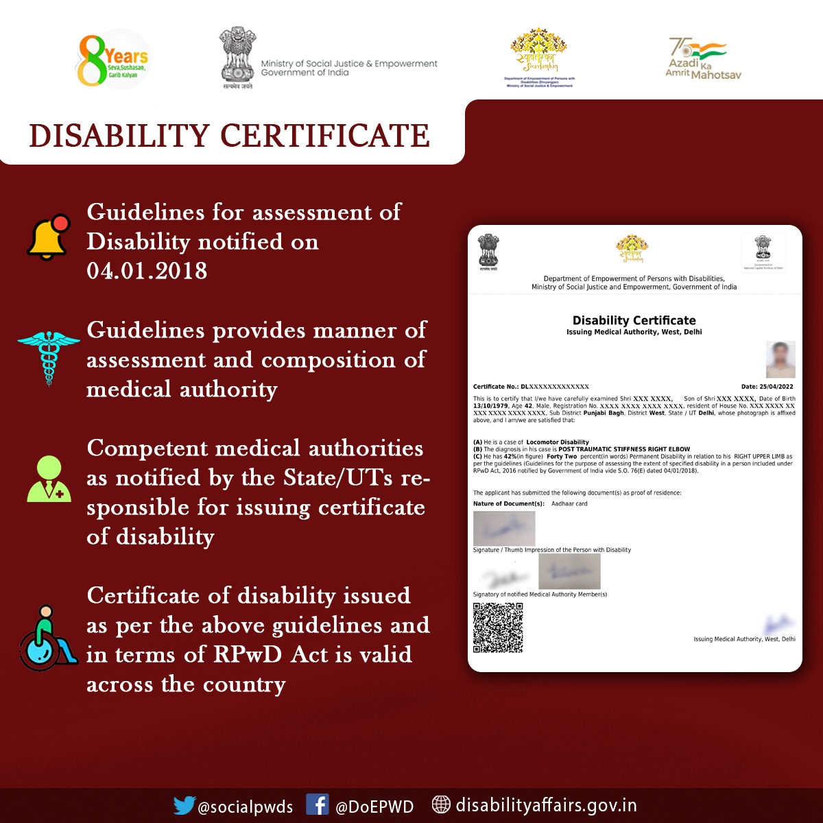 Disability Certificate - Procedure

#PMOIndia #SashaktDivyangSamarthBharat 

<a href="/PMOIndia/">PMO India</a> <a href="/narendramodi/">Narendra Modi</a> <a href="/AmitShah/">Amit Shah</a> <a href="/MSJEGOI/">Ministry of Social Justice & Empowerment, GOI</a> <a href="/Drvirendrakum13/">Dr. Virendra Kumar</a> <a href="/MSJE_AIC/">Accessible India</a> <a href="/ANarayana_swamy/">A Narayanaswamy (Modi Ka Pariwar)</a> <a href="/RamdasAthawale/">Ramdas Athawale</a> <a href="/PratimaBhoumik/">Pratima Bhoumik</a> <a href="/PIB_India/">PIB India</a> <a href="/MIB_India/">Ministry of Information and Broadcasting</a> <a href="/mygovindia/">MyGovIndia</a>