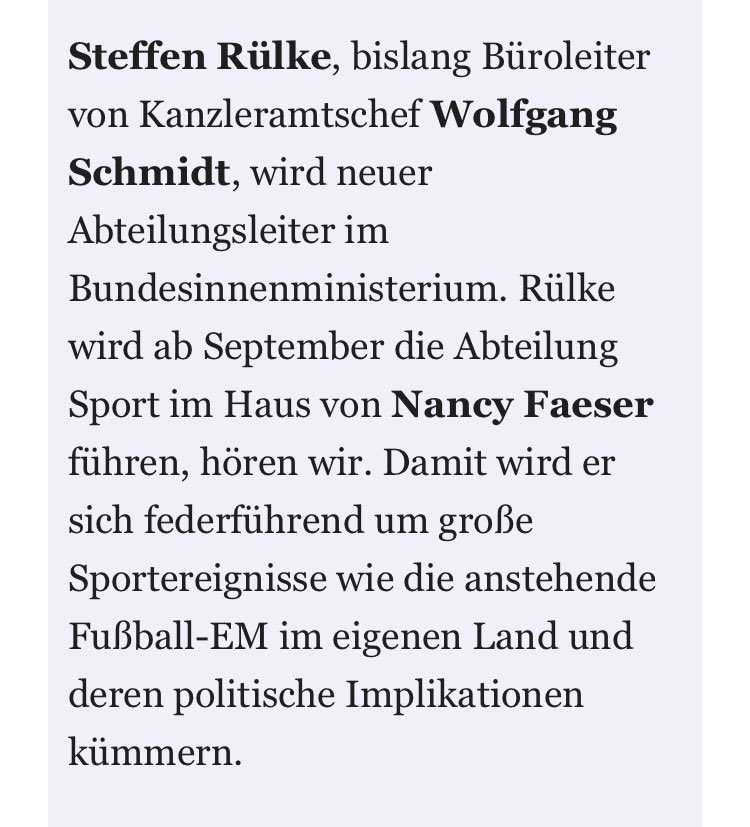 Ein beruflicher Traum wird wahr. 

<a href="/NancyFaeser/">Nancy Faeser</a> hat mich gebeten, ab September die Abteilung Sport im <a href="/BMI_Bund/">Bundesministerium des Innern</a> zu leiten. Freue mich riesig darauf. 

Dem großartigen <a href="/W_Schmidt_/">Wolfgang Schmidt</a> &amp; den Kolleg:innen im BKAmt danke ich für das Vertrauen &amp; vieles mehr. Es war mir eine große Ehre.