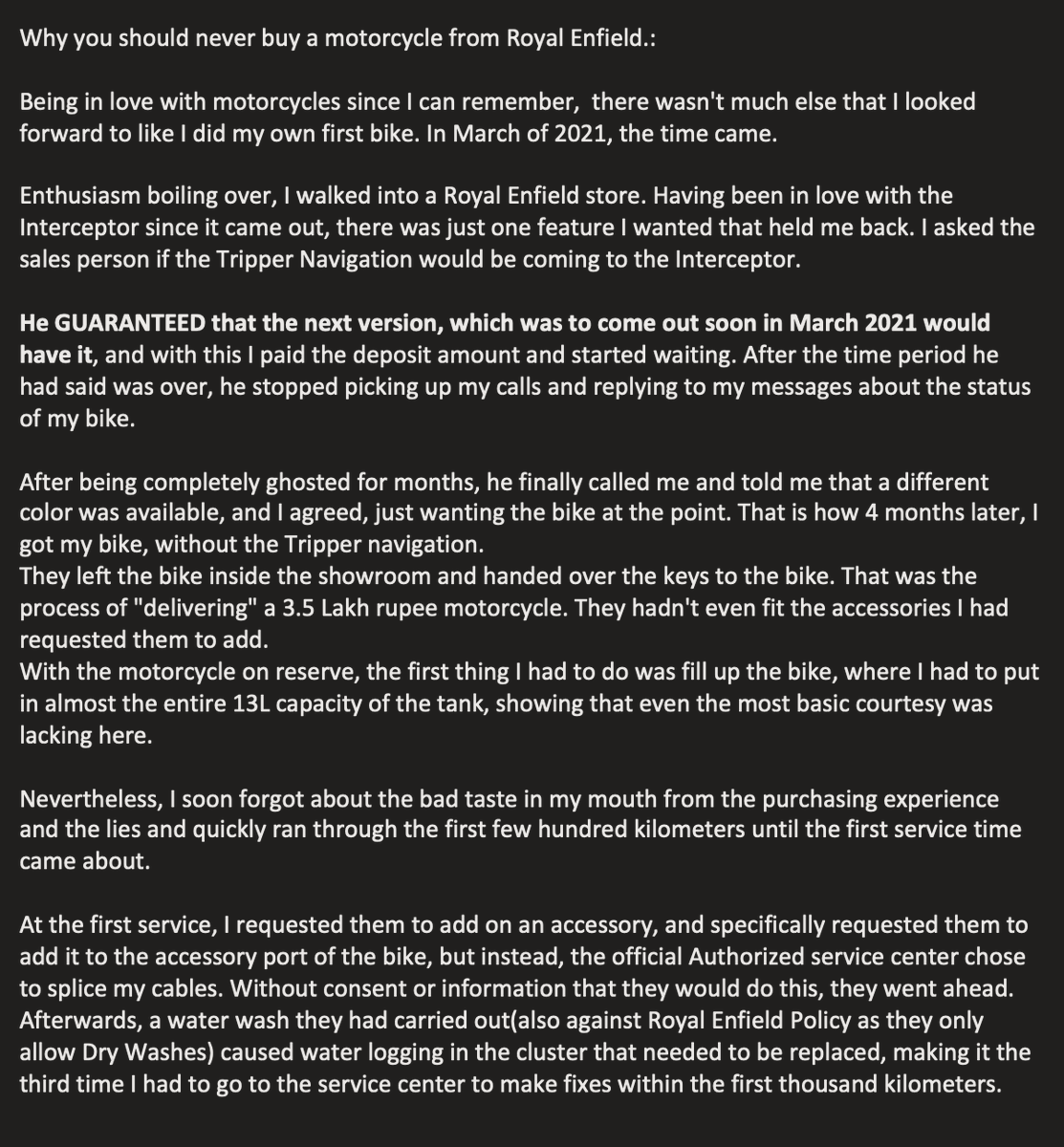 TheRoyGeorge's tweet photo. Why you should never buy a @royalenfield motorcycle: A saga - 

Story until now: https://t.co/z3R1Y4seak