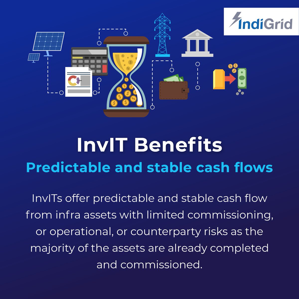 IndiGrid_In's tweet photo. InvITs spur infrastructure creation by providing an efficient way to raise capital from investors. Here's one of the few other benefits that investing in InvITs can provide:
#InvITbenefits #investmentinfrastructure #IndiGrid https://t.co/3z1SBIz5pG