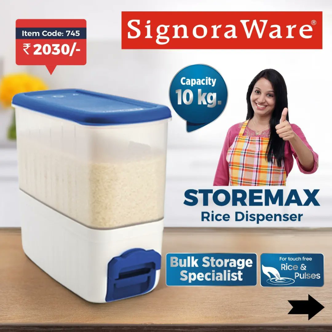 SignoraWare's tweet photo. Store more with Storemax Rice Dispenser
#signoraware #storemax #storemaxricedispenser #ricedispenser #dispenser #pulsedispenser #plastocdispenser #storage #bulkstorage #kitchenutility #household https://t.co/kk0xtI93DW