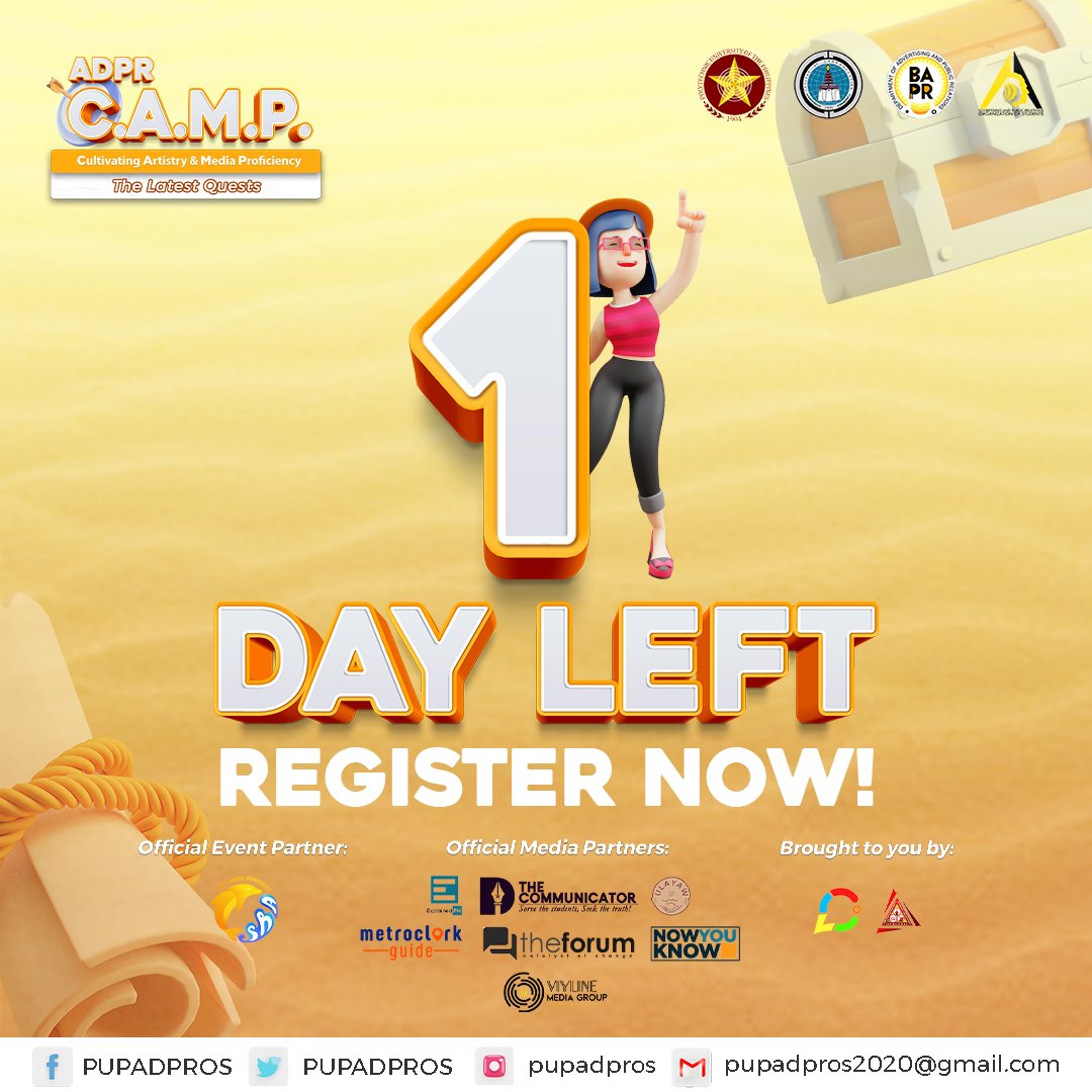 PUPADPROS's tweet photo. Tomorrow is our camp day!

One day left before we officially explore the ADPR C.A.M.P.: The Latest Quests. 

Have you secured your spot yet? Camp on! Be a part of this hike and register through this link: 

https://t.co/T5LdkOAqs6

#ADPRCAMP
#TheLatestQuests
#WebinarSeries https://t.co/3hf7UAR2TL