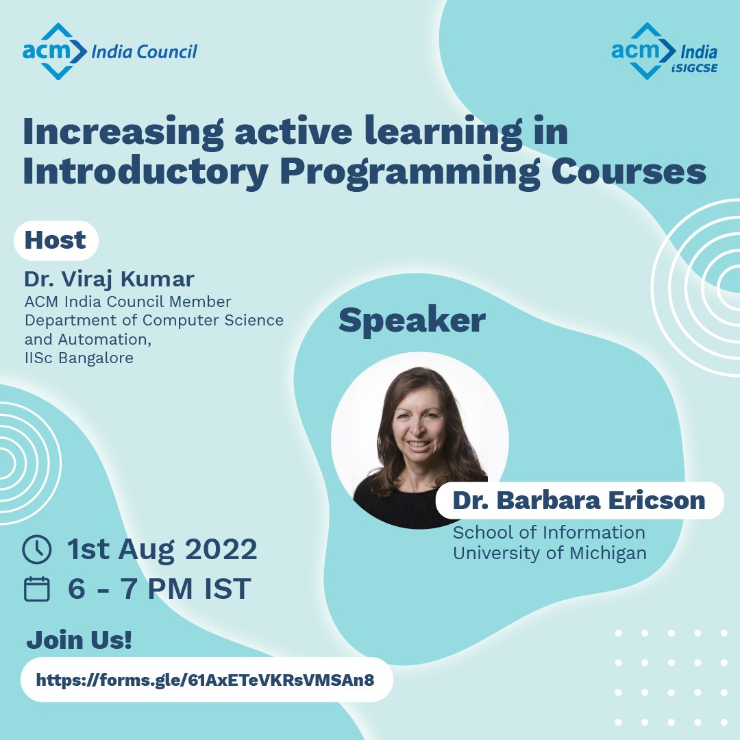 ACM India (@indiaacm) on Twitter photo #ACMIndia and iSIGCSE Chapter Webinar Series on Education on Monday, 1 August at 06:00 PM IST with Prof. <a href="/ericson_barbara/">Barbara Ericson</a>
Read More at: linkedin.com/feed/update/ur… #ACMIndia and iSIGCSE Chapter Webinar Series on Education on Monday, 1 August at 06:00 PM IST with Prof. <a href="/ericson_barbara/">Barbara Ericson</a>
Read More at: linkedin.com/feed/update/ur…