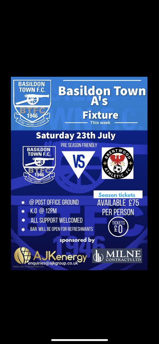 ** WEEKENDS FIXTURES **

1st team host <a href="/SungateFc/">Sungate FC</a> at East Thurrock United in their last friendly before season starts next weekend!

Res team host <a href="/FairlopRoversFC/">Fairlop Rovers FC</a> At the post office club

A team host <a href="/Brentwoodathle2/">Brentwood Athletic Reserves</a> next to the res team at post office

All games FREE ENTRY 🔵⚪️