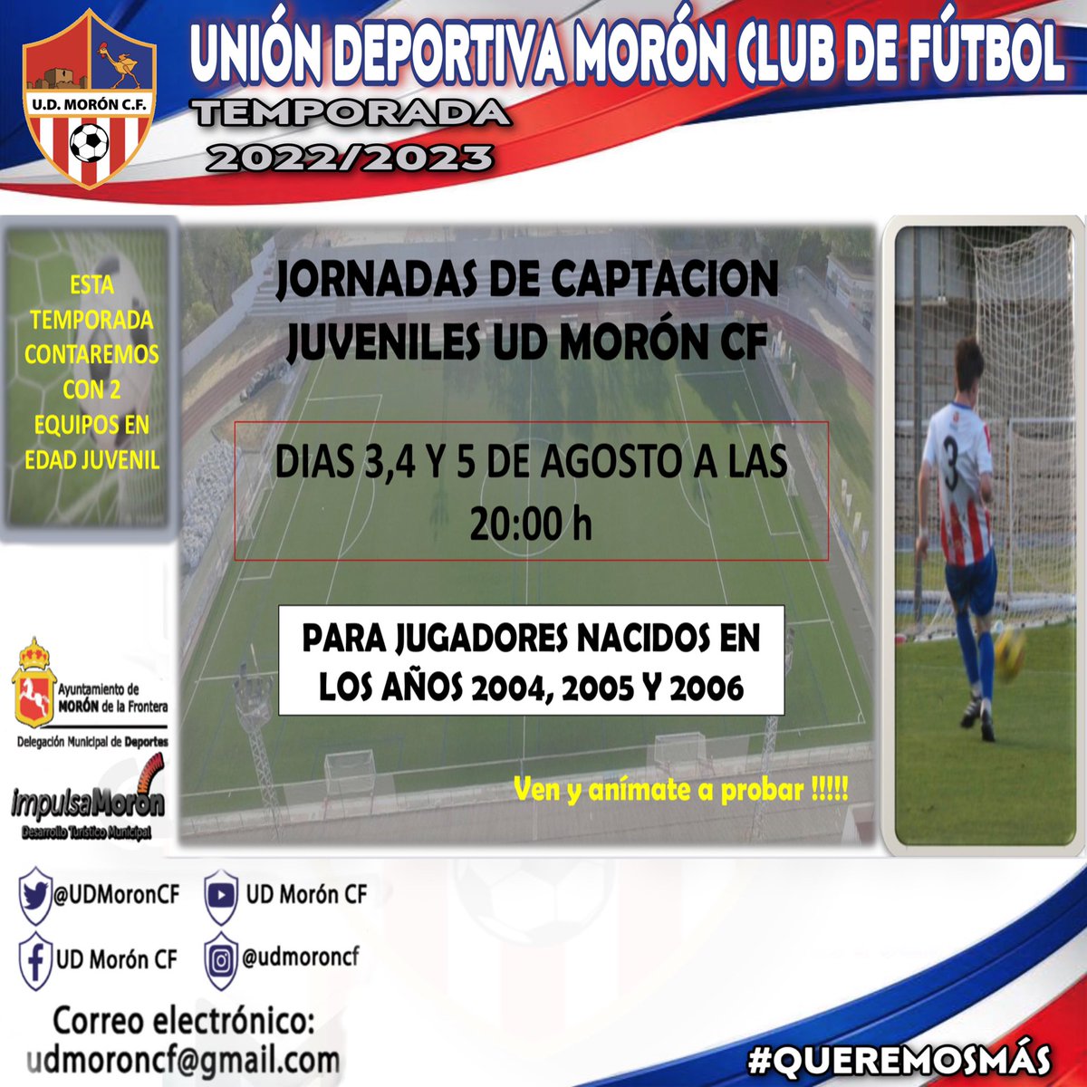 👋🏽𝐉𝐔𝐕𝐄𝐍𝐈𝐋𝐄𝐒
🤝🏽𝐽𝑜𝑟𝑛𝑎𝑑𝑎𝑠 𝑑𝑒 𝐶𝑎𝑝𝑡𝑎𝑐𝑖𝑜́𝑛 

🗣Si has nacido entre los años 2004, 2005 y 2006 ven, anímate y prueba los días 3, 4 y 5 de agosto a las 20:00h. en el Mpal. Alameda, ¡no te lo pierdas!

🏆#JuvenilUDMorónCF
🙌🏽🇹🇭⚽️ #QueremosMás
❤️🤍💙#VamosMiMorón