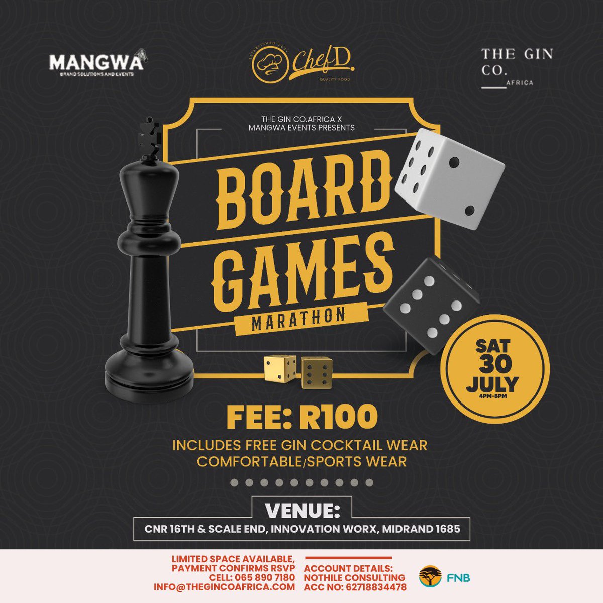 ChefDsCafe's tweet photo. Introducing  @theginco.africa Board Games Marathon at #ChefDCafe ! Join us for an evening of fun and delicious food. Tickets are only R100 and you get a FREE welcome gin cocktail. Spots are limited so book your ticket now on 065-890-7180 

#BoardGamesMarathon https://t.co/skNavVHDWV