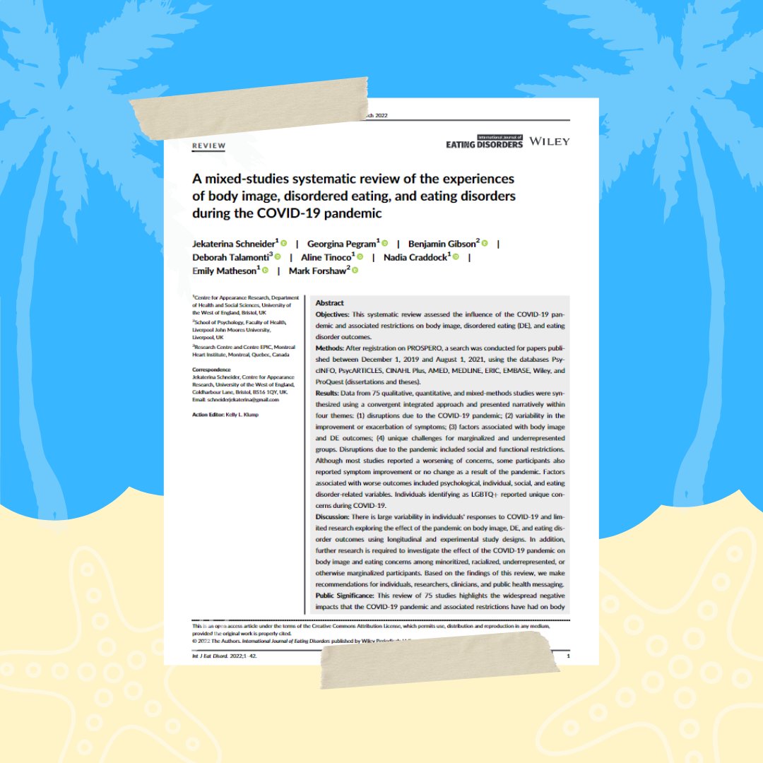Appearance Research (@car_uwe) on Twitter photo 🌴SUMMER SHORTS! This week <a href="/Nadia_Craddock/">Dr. Nadia Craddock</a> speaks with @Dr_KatSchneider and Dr Ben Gibson about their paper: A mixed-studies #SystematicReview of the experiences of #BodyImage #DisorderedEating & #EatingDisorders during the #COVID19 #Pandemic
Listen now: bit.ly/carpod_ss4🎧 🌴SUMMER SHORTS! This week <a href="/Nadia_Craddock/">Dr. Nadia Craddock</a> speaks with @Dr_KatSchneider and Dr Ben Gibson about their paper: A mixed-studies #SystematicReview of the experiences of #BodyImage #DisorderedEating & #EatingDisorders during the #COVID19 #Pandemic
Listen now: bit.ly/carpod_ss4🎧