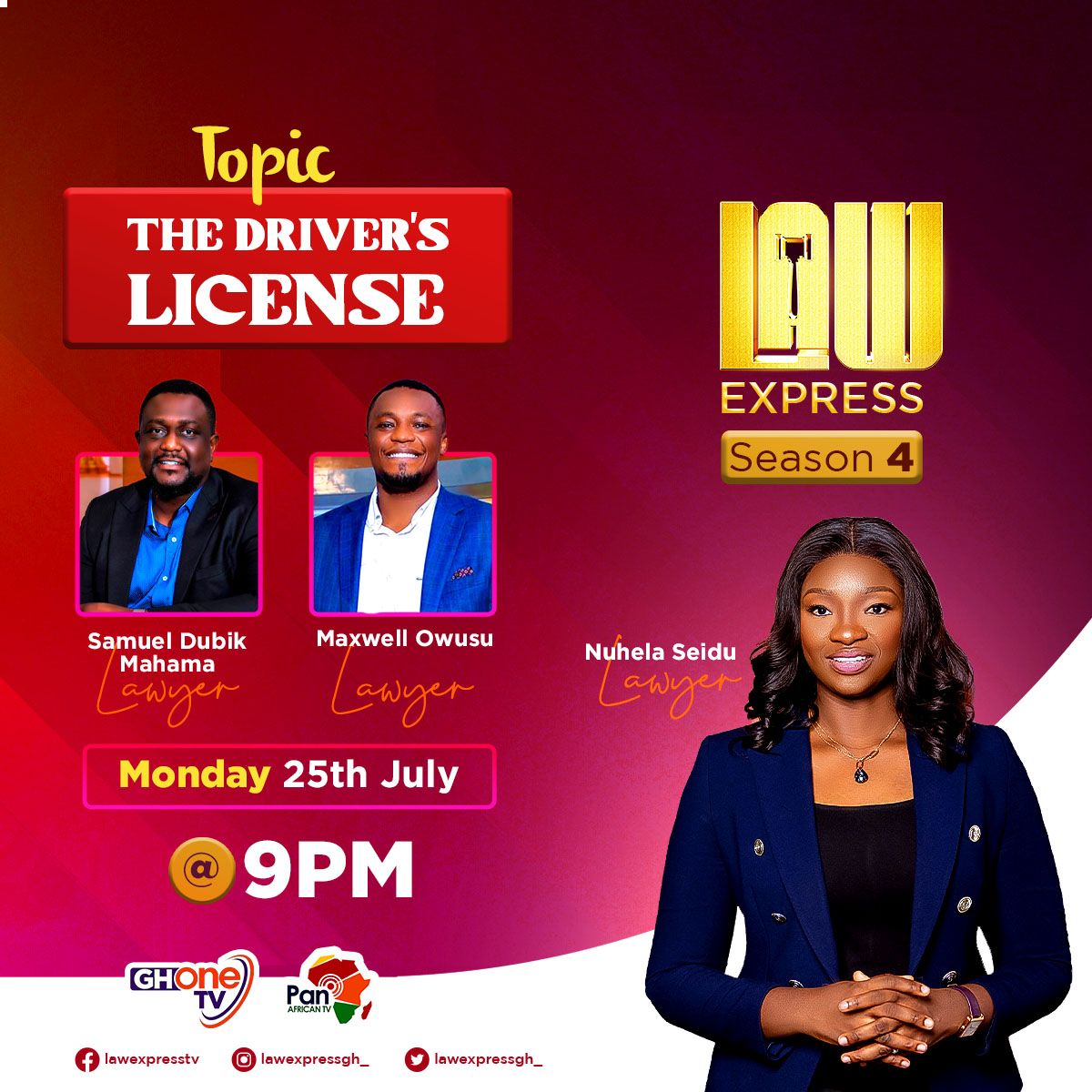 lawexpressgh_'s tweet photo. Are you a Driver in Ghana, then you need to know why it's important to have a Driver's License. Join us on @lawexpressgh_ on Monday July 25 with host @NuhelaSeidu for an intriguing discussion on #driverslicense
#lawexpressseason4 #lawexpress https://t.co/Ryu2K05aXT