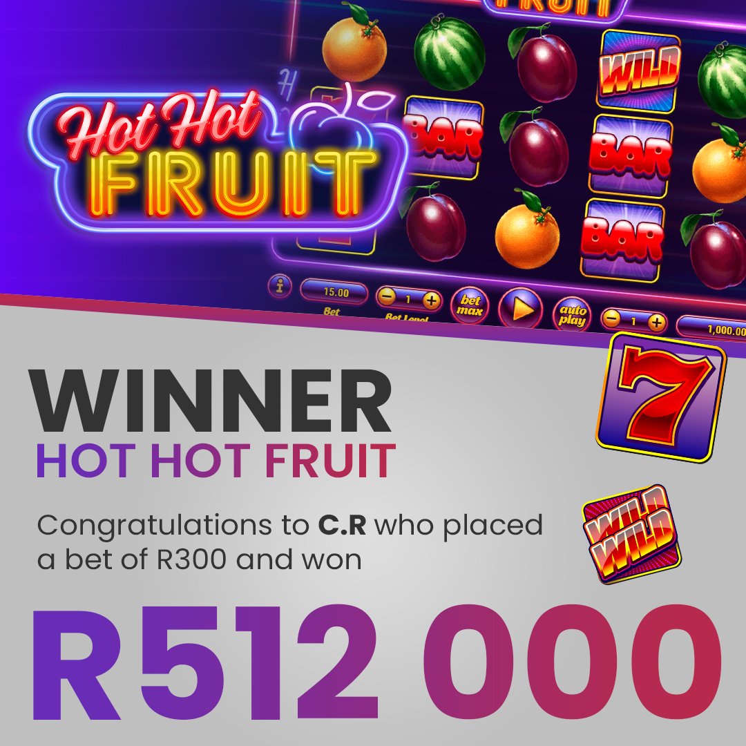Lotto_Star's tweet photo. We're serving winners this Fri-yay! Congratulations to C.R for winning R512,000 from a R300 bet on Hot Hot Fruit. It could be you! 🤩🥳
#LottoStar #winnerpost #hothotfruit #friday #friyay #TGIF https://t.co/bHDw2j7Dre