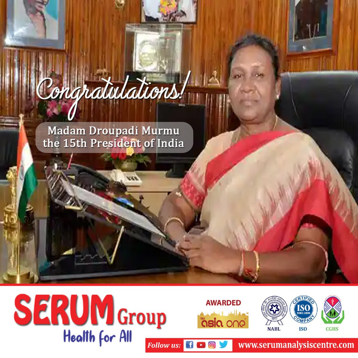 SerumGroup's tweet photo. #SerumGroup congratulates Madam #DroupadiMurmu for becoming the 15th #PresidentofIndia. She succeeded Ram Nath Kovind and also became the first tribal leader to hold the top constitutional post in the country. https://t.co/O3zjrbuHuB