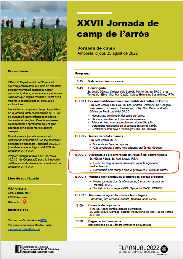 🚨🚨 Vuelve la XXVII Jornada de Campo del Arroz al Delta del Ebro 
Hablaremos sobre la importancia de la restauración ecológica de márgenes del arrozal, el efecto del manejo del agua en la agronomía del cultivo, la biodiversidad y el cambio climático (<a href="/Cerestrs1/">Cerestrés</a>) y mucho más.