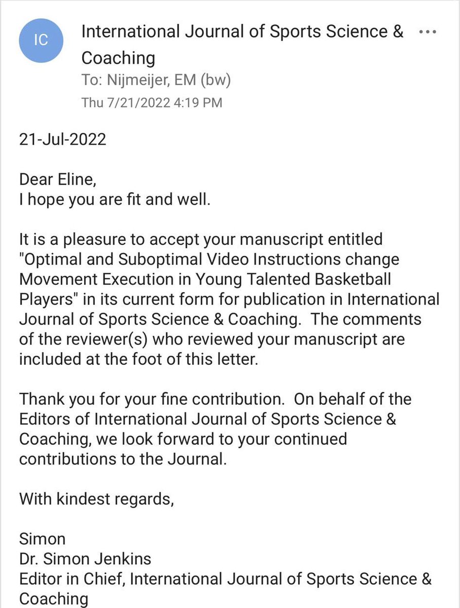 New #motorlearning research alert 📣🏀

Proud: #PhD student <a href="/NijmeijerEline/">Eline Nijmeijer</a> has her first publication as first author accepted👏🏻🥳

#coaching #basketball #talent #youth #sportscience #changeofdirection #skillacquisition #COD #agility

🙏🏻 to players &amp; coaches from <a href="/RTC_Noord_Bball/">RTC Basketball Noord</a>