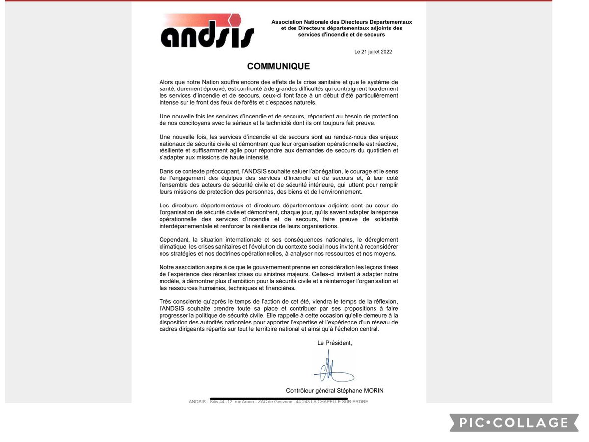 Communiqué du président de l’<a href="/ANDSIS1/">ANDSIS</a> sur les #feuxdeforets <a href="/EmmanuelMacron/">Emmanuel Macron</a> <a href="/GDarmanin/">Gérald DARMANIN</a> <a href="/Interieur_Gouv/">Ministère de l'Intérieur</a> <a href="/SecCivileFrance/">Sécurité Civile</a> <a href="/Kihlla/">laurent KIHL</a> <a href="/olivierrichefou/">Olivier Richefou</a> <a href="/AccaryAndre/">André Accary</a> <a href="/PompiersFR/">Pompiers de France</a>