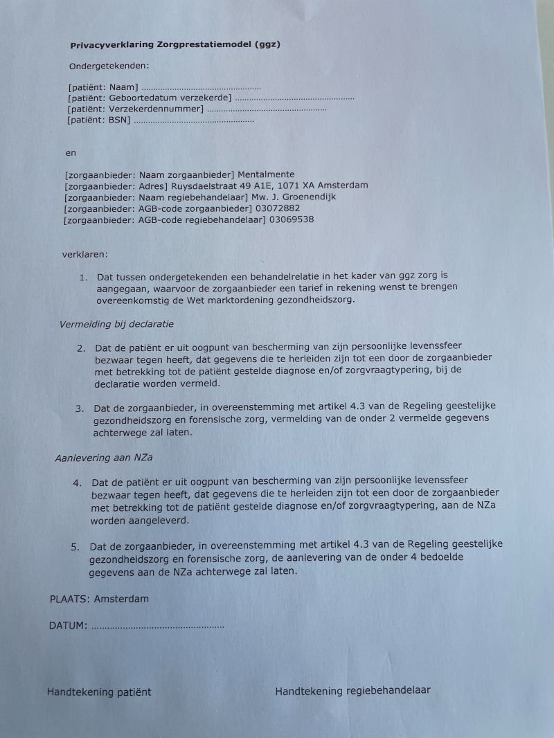 Ben of ken jij iemand die behandeld wordt in de GGZ? Sinds 1 juli moet de behandelaar bijzondere (intieme) persoonlijke gegevens van jou verplicht delen met een overheidsorganisatie. 

Wil je dat niet?  

Vul ⬇️ formulier (Dank Cobie Groenendijk) in en geef het aan de behandelaar
