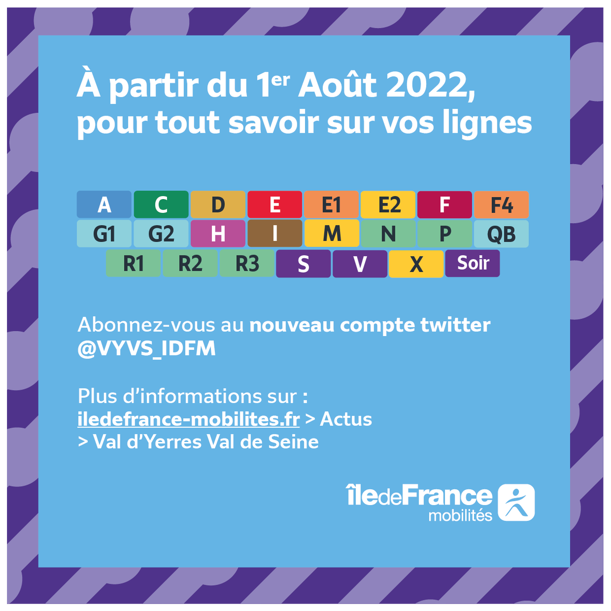 MarneSeine_IDFM's tweet photo. 📅 Dès le 1er août 2022, plusieurs de vos lignes changent de compte.
Pour les retrouver, rendez-vous sur @VYVS_IDFM !

Retrouvez toute l’actualité de vos lignes sur :
💻 https://t.co/tQHUFCnSgK
📲 l’appli Île-de-France Mobilités https://t.co/XcIYGRF1Xn
