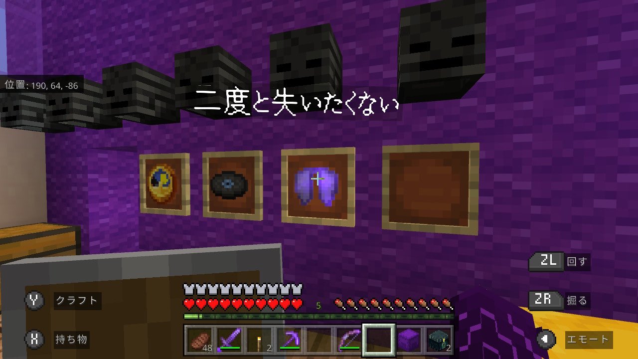 むらさき マイワールドでエリトラを取りに行きました 様々なバグで失ったエリトラたち いつかswitchでもまともに飛べるようになると信じて 今回のエリトラは名前を付けました マイクラ マインクラフト Minecraft T Co