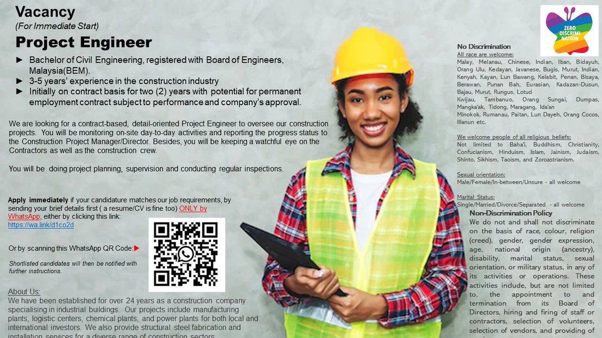 Vacancy (For Immediate Start) Project Engineer ►B. Civil Eng, reg w/BEM ►3-5 years’ experience in the construction industry ►contract w/potential permanent Project planning-supv-inspection Apply with brief details first ONLY by WhatsApp: wa.link/d1co2d Or QR Code