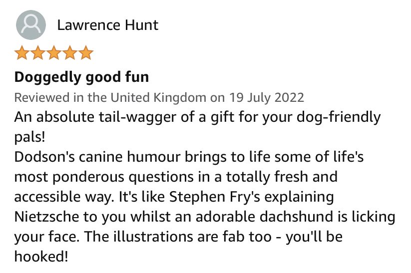 Samuel Dodson (@instantidealism) on Twitter photo Delighted to see the most recent #bookreview for my @unbounders book, Philosophers’ Dogs!
People - especially people who read and review books - are the absolute best
amazon.co.uk/Philosophers-D…
#WritingCommunity #AuthorsOfTwitter #BookTwitter #dogs #philosophy <a href="/PhilosophyDogs/">Philosophers' Dogs</a> Delighted to see the most recent #bookreview for my @unbounders book, Philosophers’ Dogs!
People - especially people who read and review books - are the absolute best
amazon.co.uk/Philosophers-D…
#WritingCommunity #AuthorsOfTwitter #BookTwitter #dogs #philosophy <a href="/PhilosophyDogs/">Philosophers' Dogs</a>