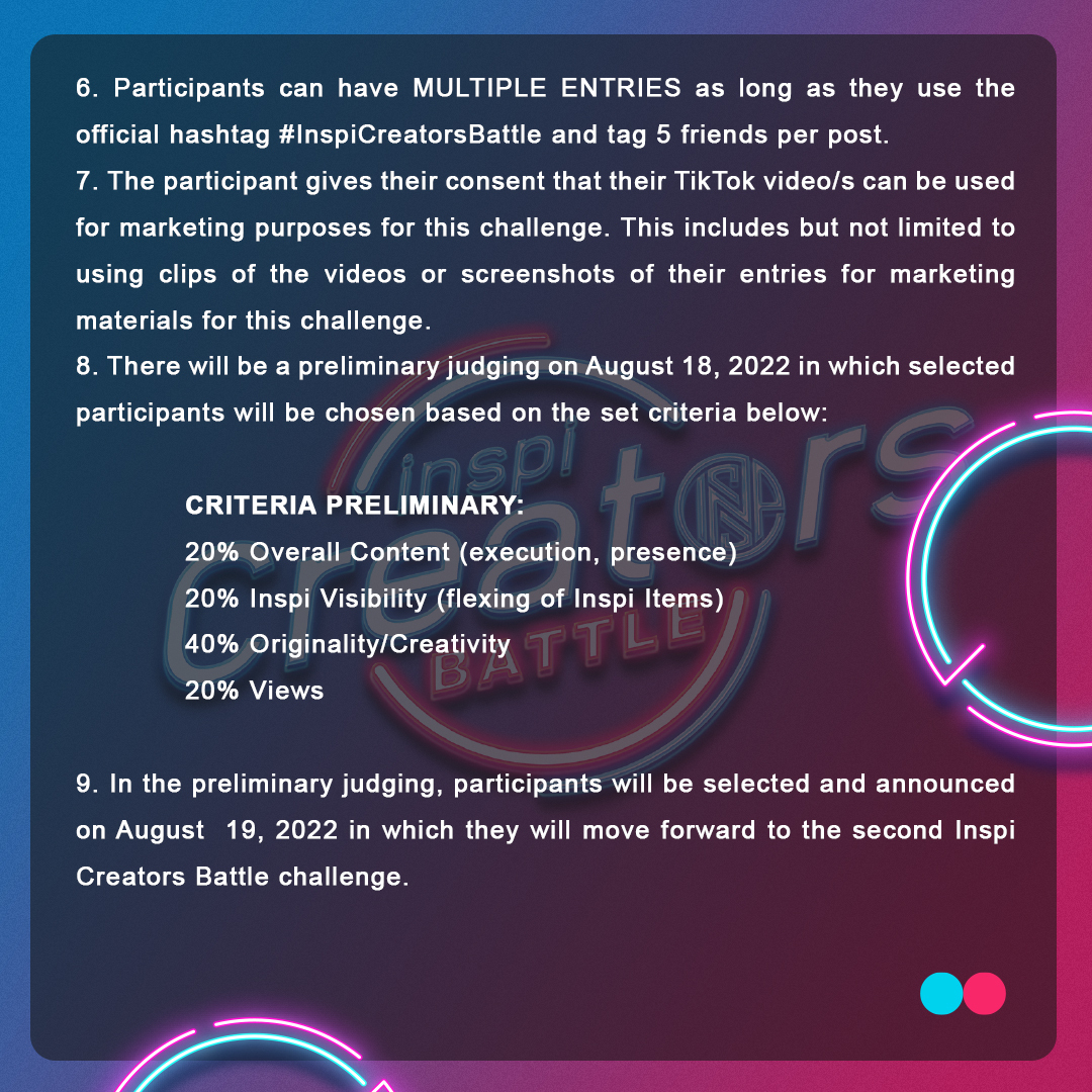 inspi_ph's tweet photo. Here are the complete mechanics for #InspiCreatorsBattle!
Post your original and creative content. Be sure that you followed and complied each step so you can have a valid entry. Show off your best content INSPIrer!
#inspiph #InspiCreatorsBattle #weartoinspire #Tiktok https://t.co/LIfrp6a2St